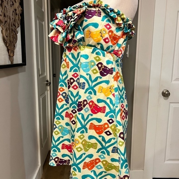 JUDITH MARCH sleeveless mini silk colorful folk print dress with jabot - Picture 3 of 13